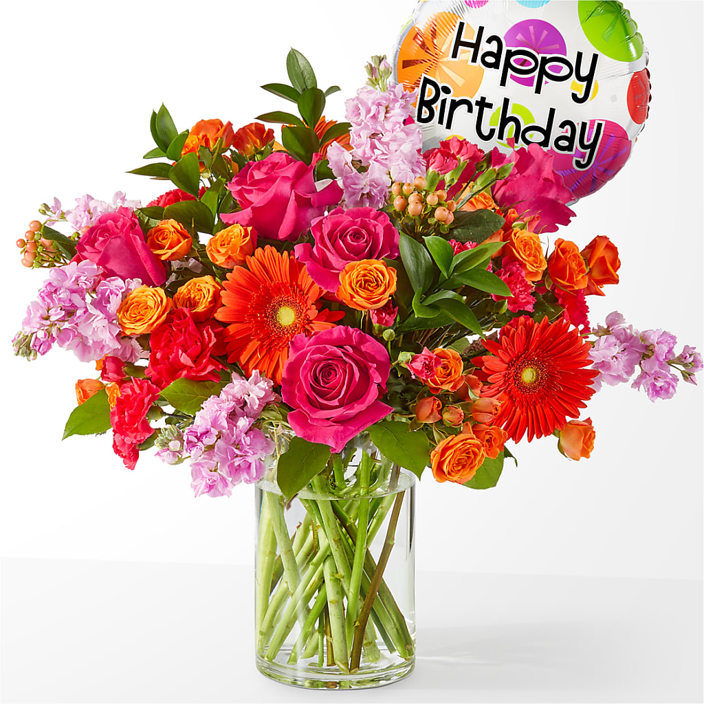 Fiesta Bouquet with Birthday Balloon – Flowers By Albert, Lowell MA