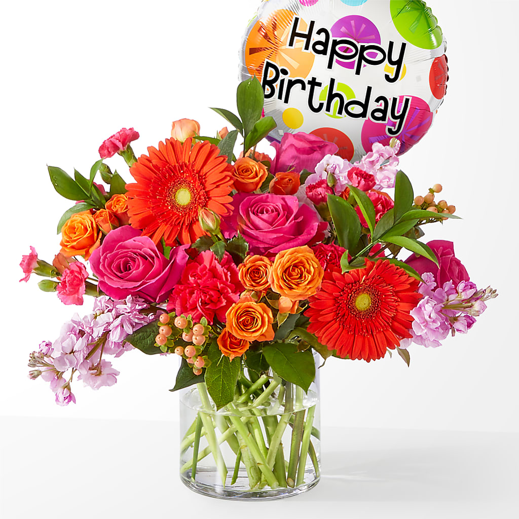 Fiesta Bouquet with Birthday Balloon – Flowers By Albert, Lowell MA