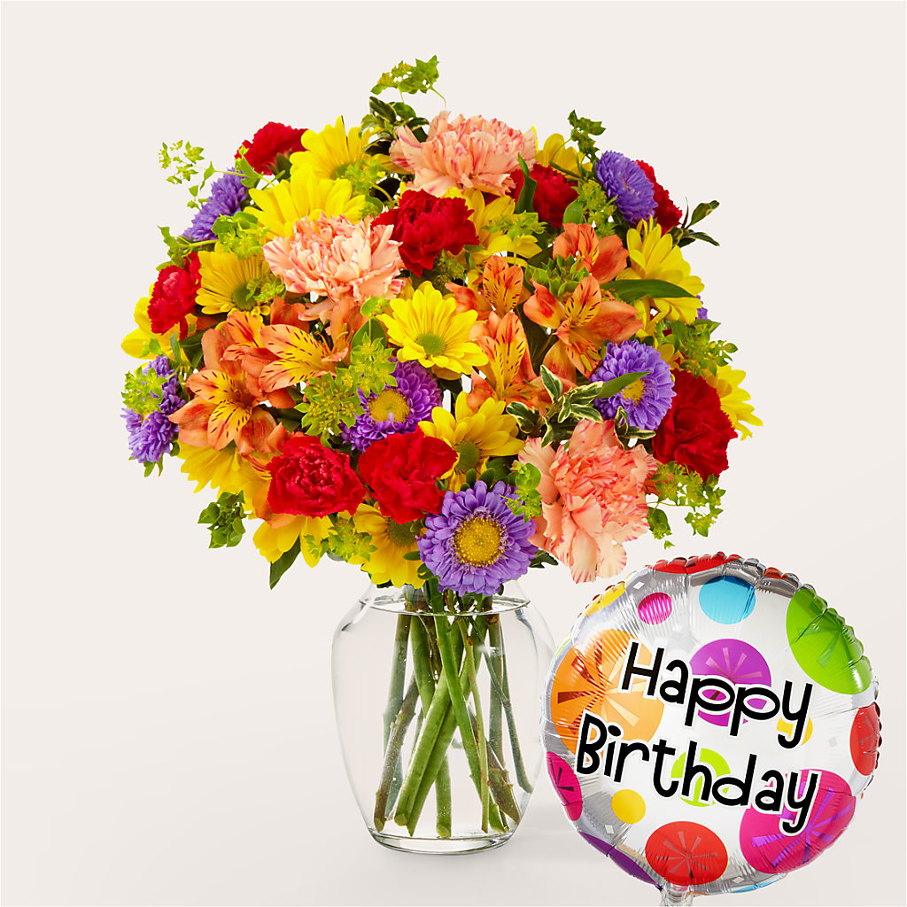 Kaleidoscope Bouquet with Birthday Balloon – Flowers By Albert, Lowell MA