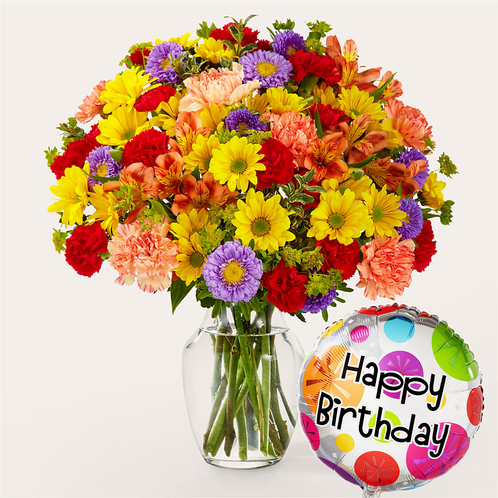 Kaleidoscope Bouquet with Birthday Balloon – Flowers By Albert, Lowell MA