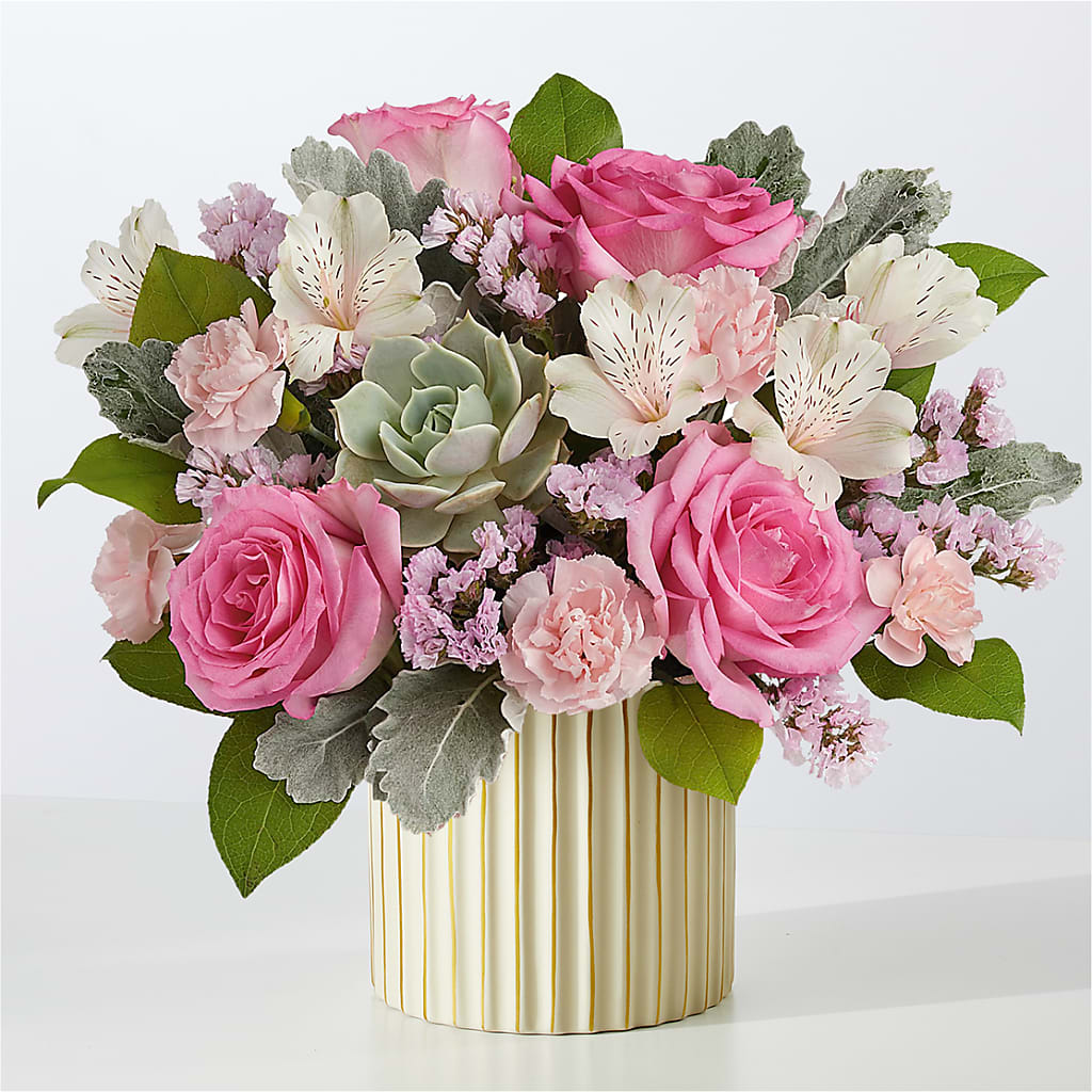 Dusty Rose Bouquet with Ivory Vase – Flowers By Albert, Lowell MA