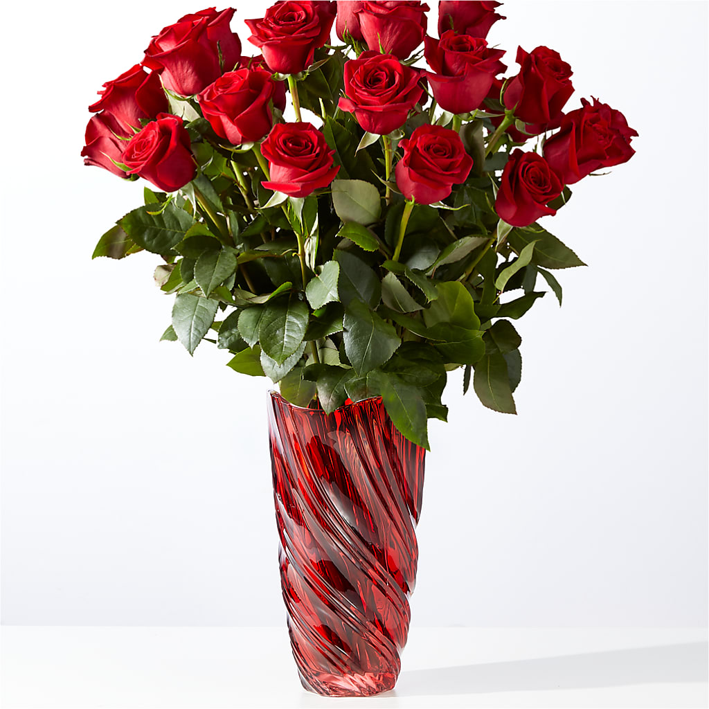 Classic Love Red Rose Bouquet with Luxe Swirl Vase – Flowers By Albert, Lowell MA