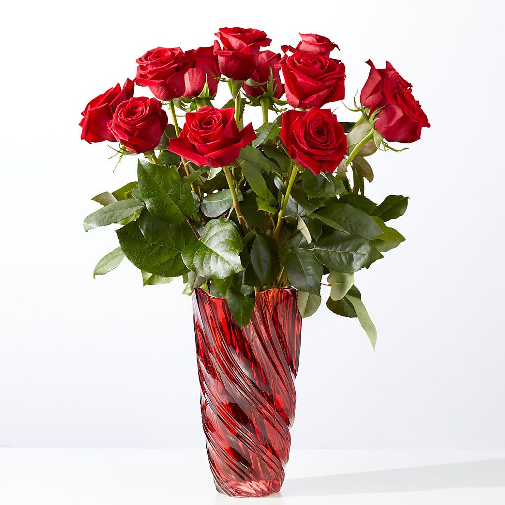 Classic Love Red Rose Bouquet with Luxe Swirl Vase – Flowers By Albert, Lowell MA