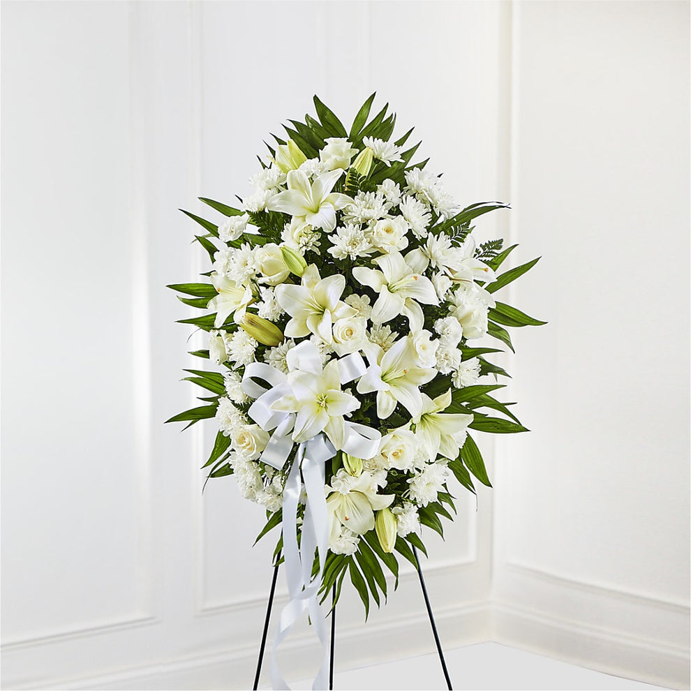Exquisite Tribute Standing Spray-White Ribbon – green, white flower ...